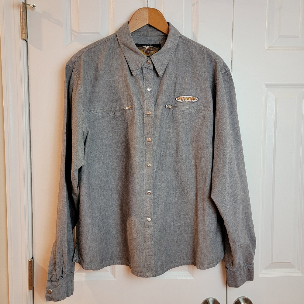 Harley Davidson Long Sleeve Snap Front Shirt Women's 2XL Gray Garage
